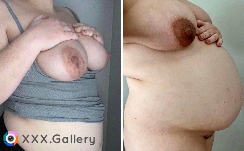 The difference a few months can make on nipples! 22 weeks pregnant ➡️ 34 weeks pregnant.