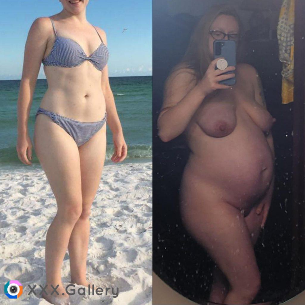 before and after getting knocked up. wish I could be naked on a beach🥰