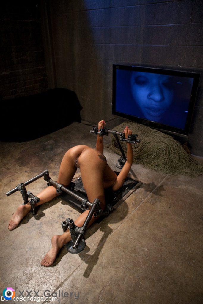 What a setup: Shackled in metal, head trapped in a pitch black hole in the floor, legs spread and your holes completely vulnerable to whatever desire the customer wants, and can watch your facial reaction on a big TV screen to whatever pleasure or torment they want to dole out