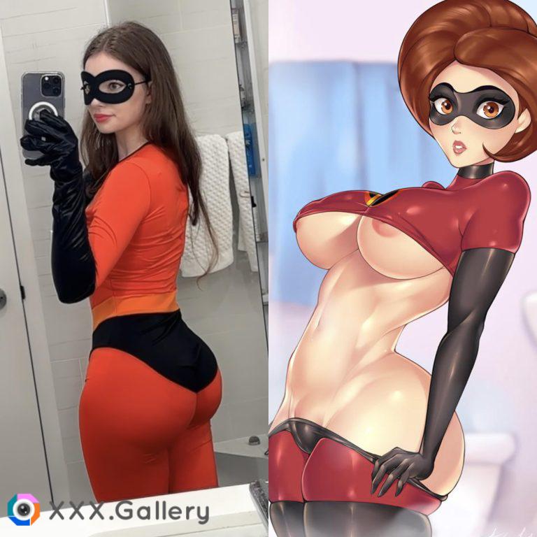 Mrs. Incredible cosplay and cartoon