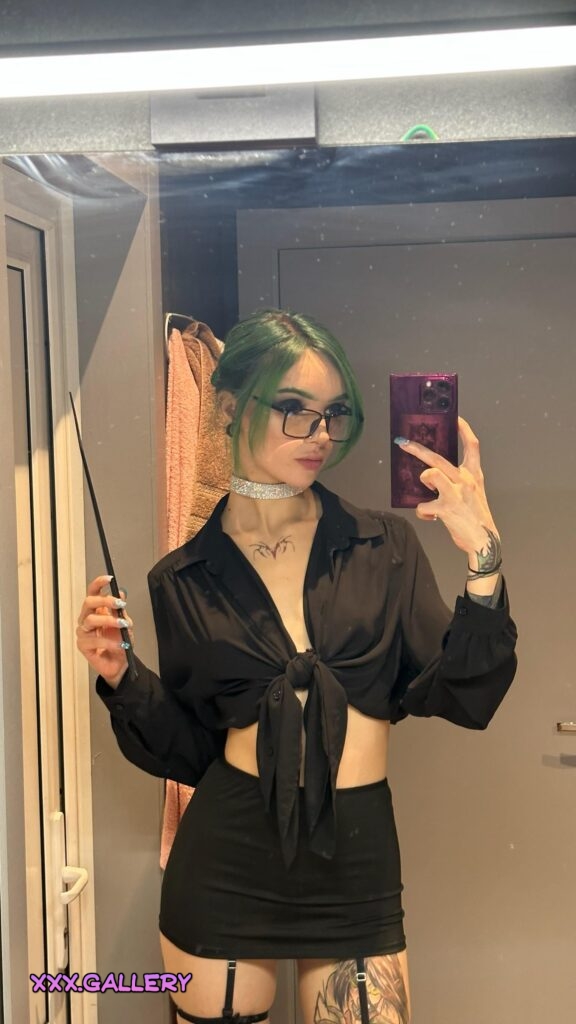 Green hair and teacher outfit